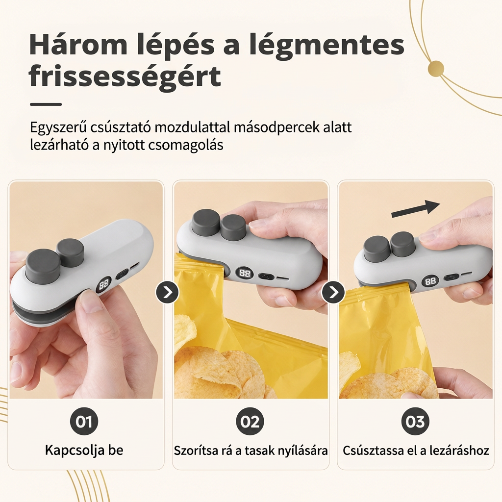 đ„HordozhatĂł, ĂșjratölthetĆ mini hĆhegesztĆ gĂ©p, akkumulĂĄtor-szintjelzĆvel Ă©s mĂĄgneses kialakĂtĂĄssal, mƱanyag snack-csomagolĂĄsokhoz