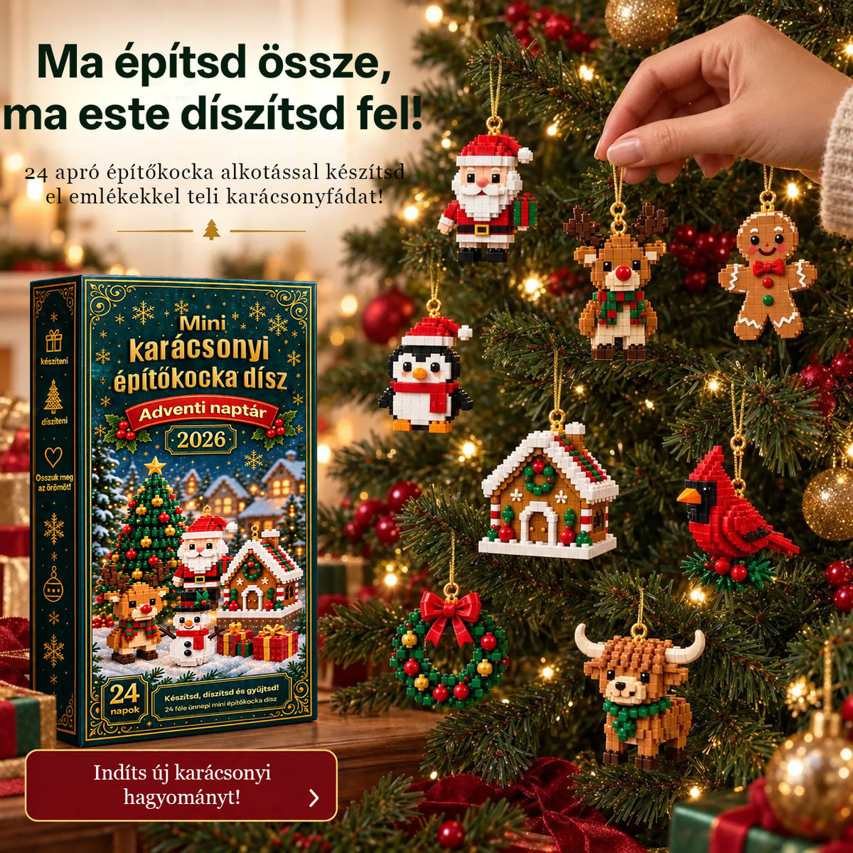 Billhol® 24 részes mini adventi naptár karácsonyi díszekkel | 24 egyedi, ünnepi minta saját kezű összeállításhoz, akasztókkal együtt – tökéletes karácsonyfák, koszorúk és ünnepi dekorációk díszítésére🌙
