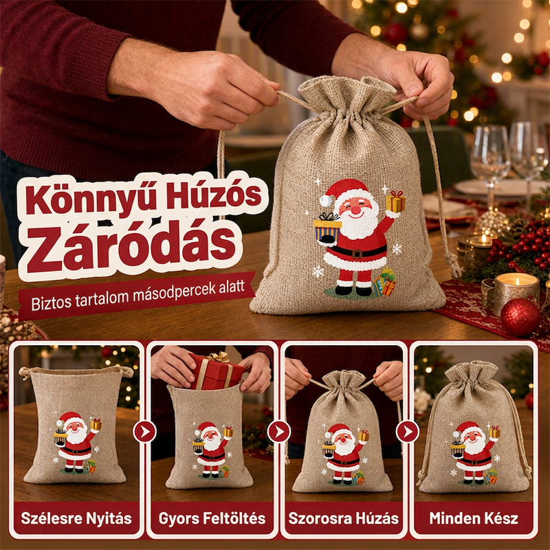 🎄✨ Karácsonyi zsákvászon ajándéktasak húzózsinórral: Stílusos csomagolás másodpercek alatt – búcsú a drága csomagolópapírtól és a ragasztószalag bajlódásától! 🎅🎁
