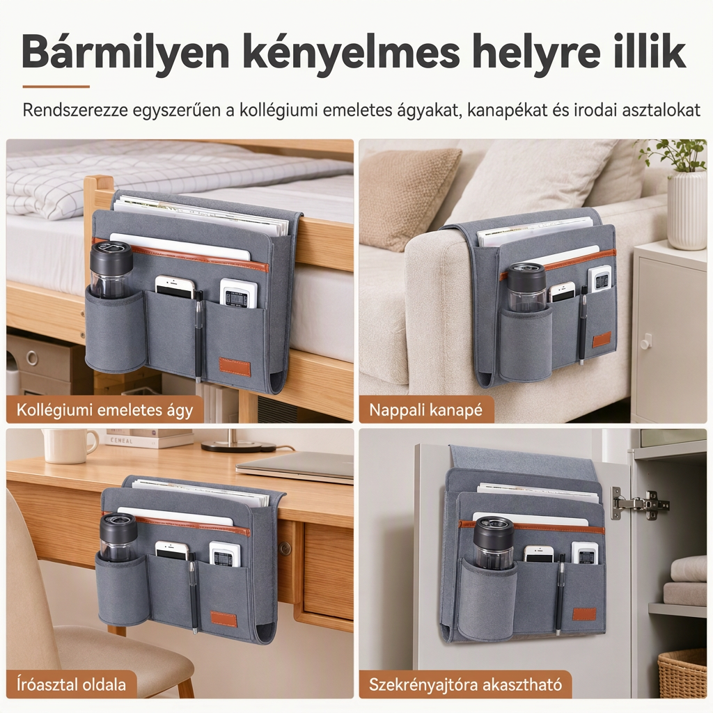 🛏️✨ Minimalista nemez ágy melletti rendszerező táska: Minden kéznél, tiszta éjszaka 📱📚