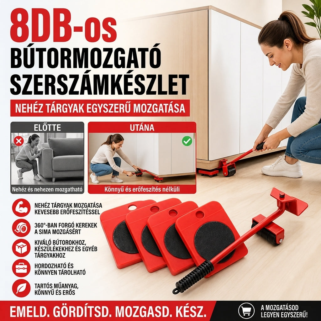 📦🏋️Bútorok szállításához használt csúszósínek – 360°-ban forgatható csúszótalpak, 800 font teherbírású 8 darabos készlet ✨