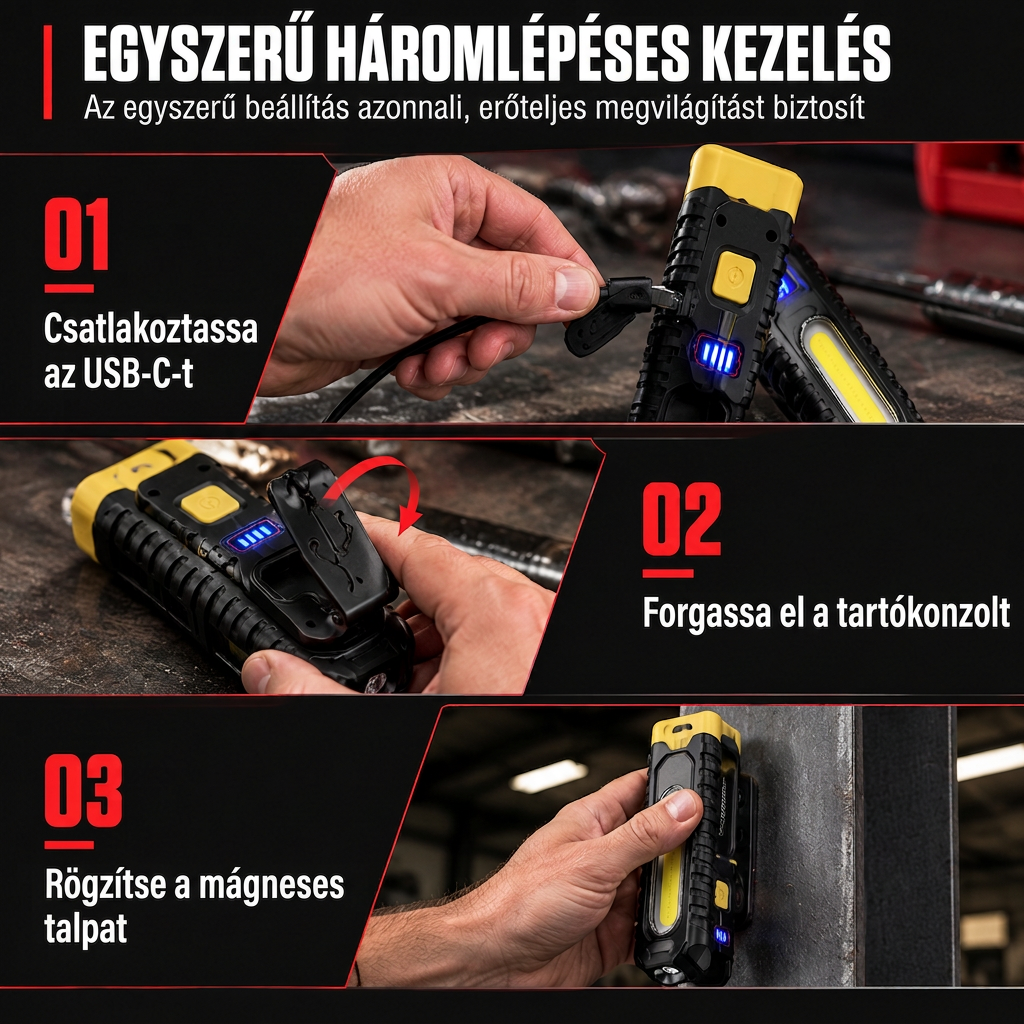Fényes, újratölthető LED-es munkalátta mágneses talppal, hordozható ellenőrzőlámpa autójavításhoz és éjszakai piacok megvilágításához