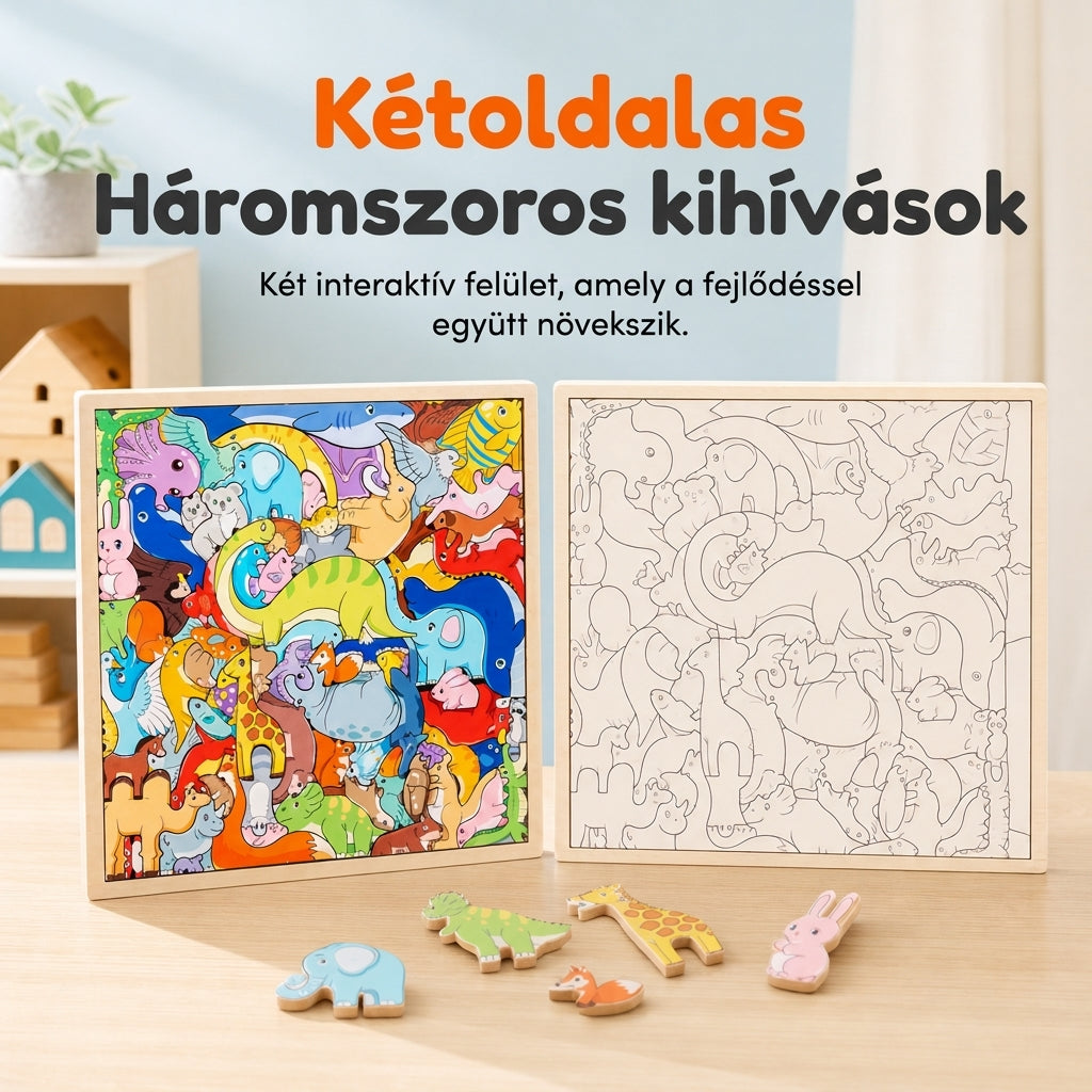 🐘🦒Gyerekeknek és kisgyerekeknek szóló, fából készült, rajzfilmfigurás állatpuzzle