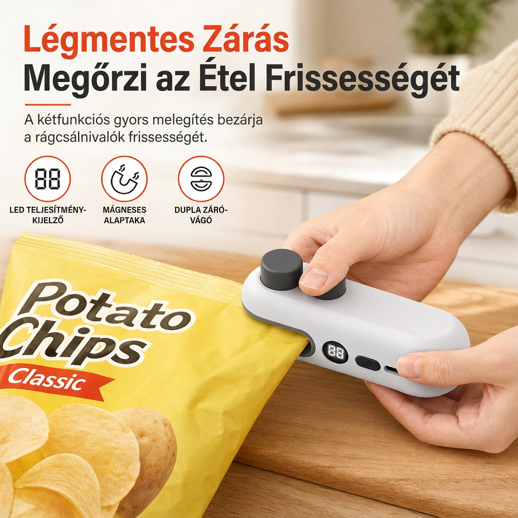 💥Hordozható, újratölthető mini hőhegesztő gép, akkumulátor-szintjelzővel és mágneses kialakítással, műanyag snack-csomagolásokhoz