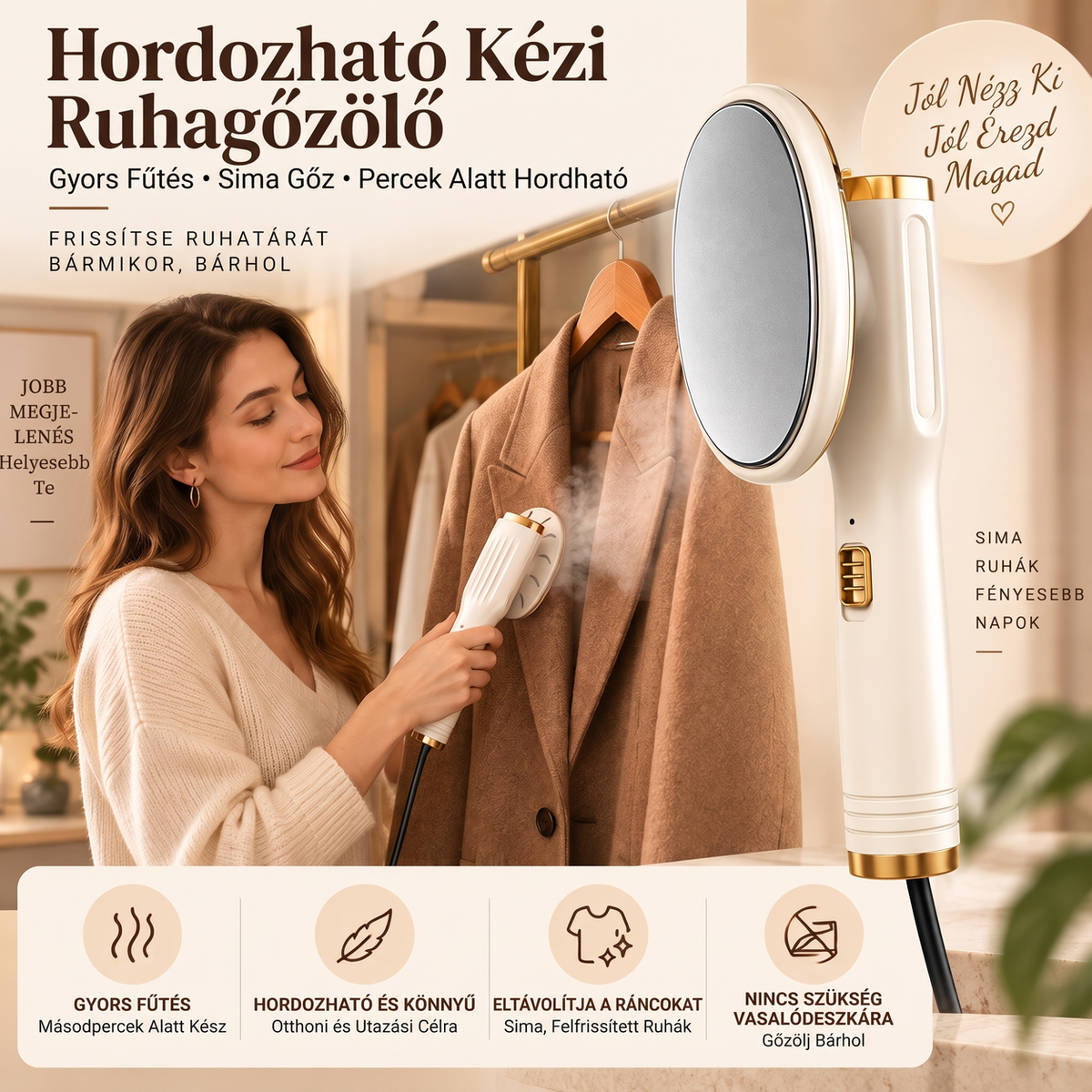 👔✨ Hordozható kézi gőzvasaló – 20 másodperces felmelegedés, szárazvasalás és gőz üzemmód🌫️