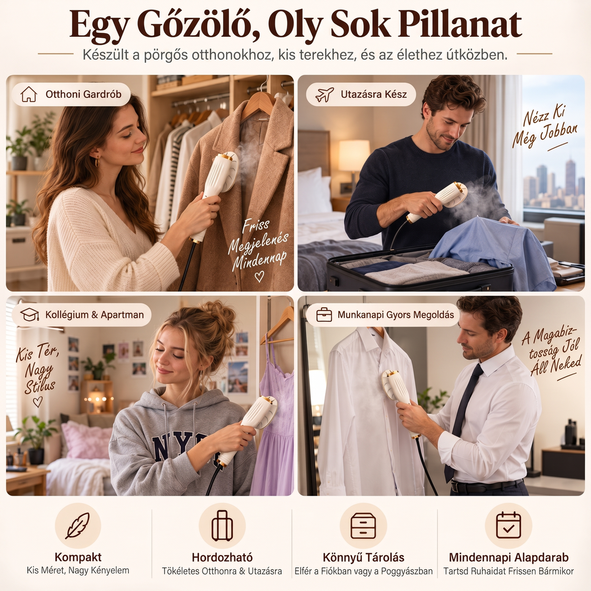 👔✨ Hordozható kézi gőzvasaló – 20 másodperces felmelegedés, szárazvasalás és gőz üzemmód🌫️