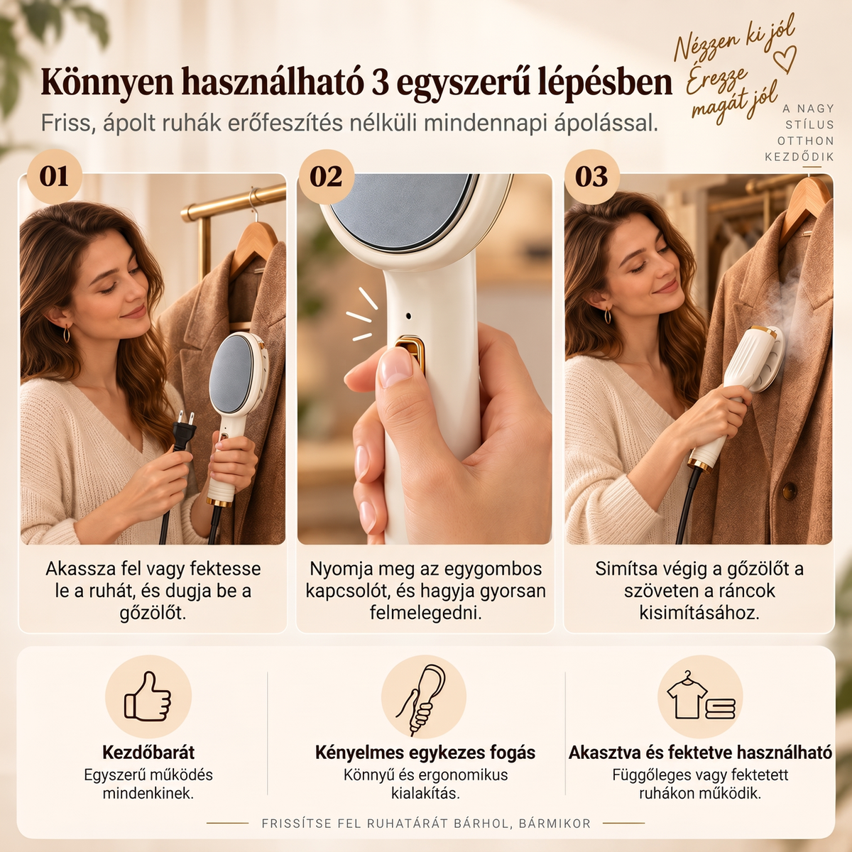 👔✨ Hordozható kézi gőzvasaló – 20 másodperces felmelegedés, szárazvasalás és gőz üzemmód🌫️