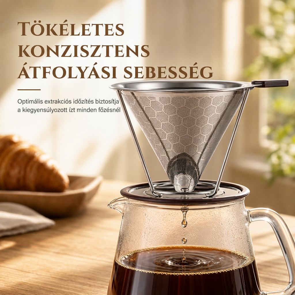 ♻️ Újrafelhasználható 304 rozsdamentes acél szűrőkúp – Kettős falú, csepegtető kávéfőző, 1–4 csészéhez ✨