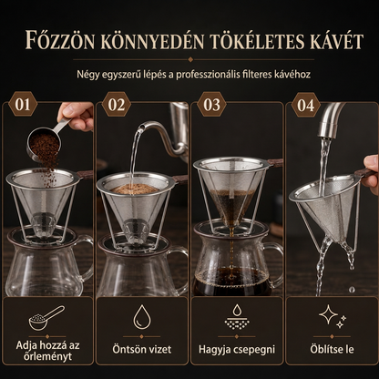 ♻️ Újrafelhasználható 304 rozsdamentes acél szűrőkúp – Kettős falú, csepegtető kávéfőző, 1–4 csészéhez ✨