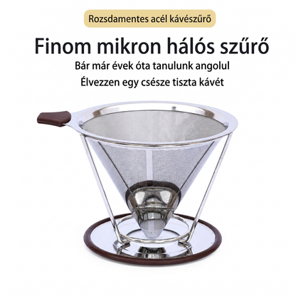 ♻️ Újrafelhasználható 304 rozsdamentes acél szűrőkúp – Kettős falú, csepegtető kávéfőző, 1–4 csészéhez ✨