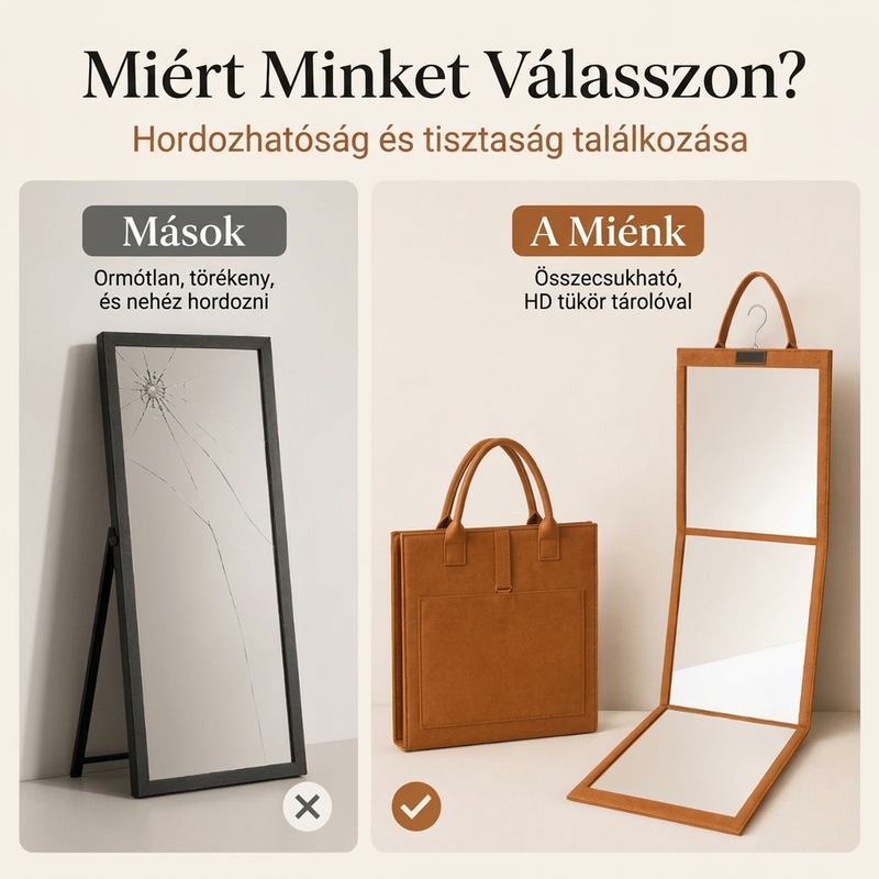 Összecsukható teljes hosszúságú tükör: Ajtóra/falra akasztható tükör, ezüst üveg, helytakarékos, utazáshoz