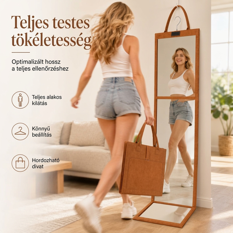 Összecsukható teljes hosszúságú tükör: Ajtóra/falra akasztható tükör, ezüst üveg, helytakarékos, utazáshoz